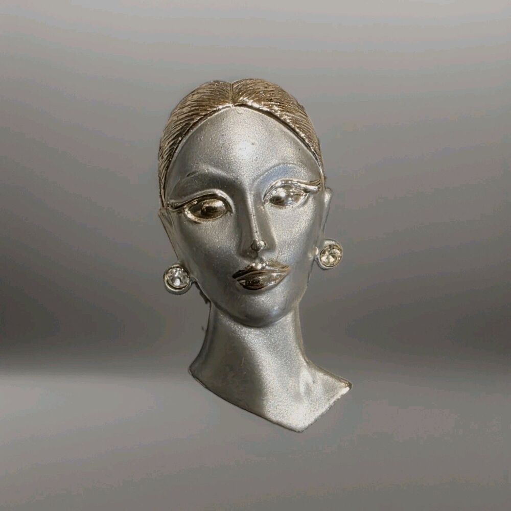 Vintage Two Tone Gold Silver Lady Face Brooch Pin Rhinestone Earrings Statement
